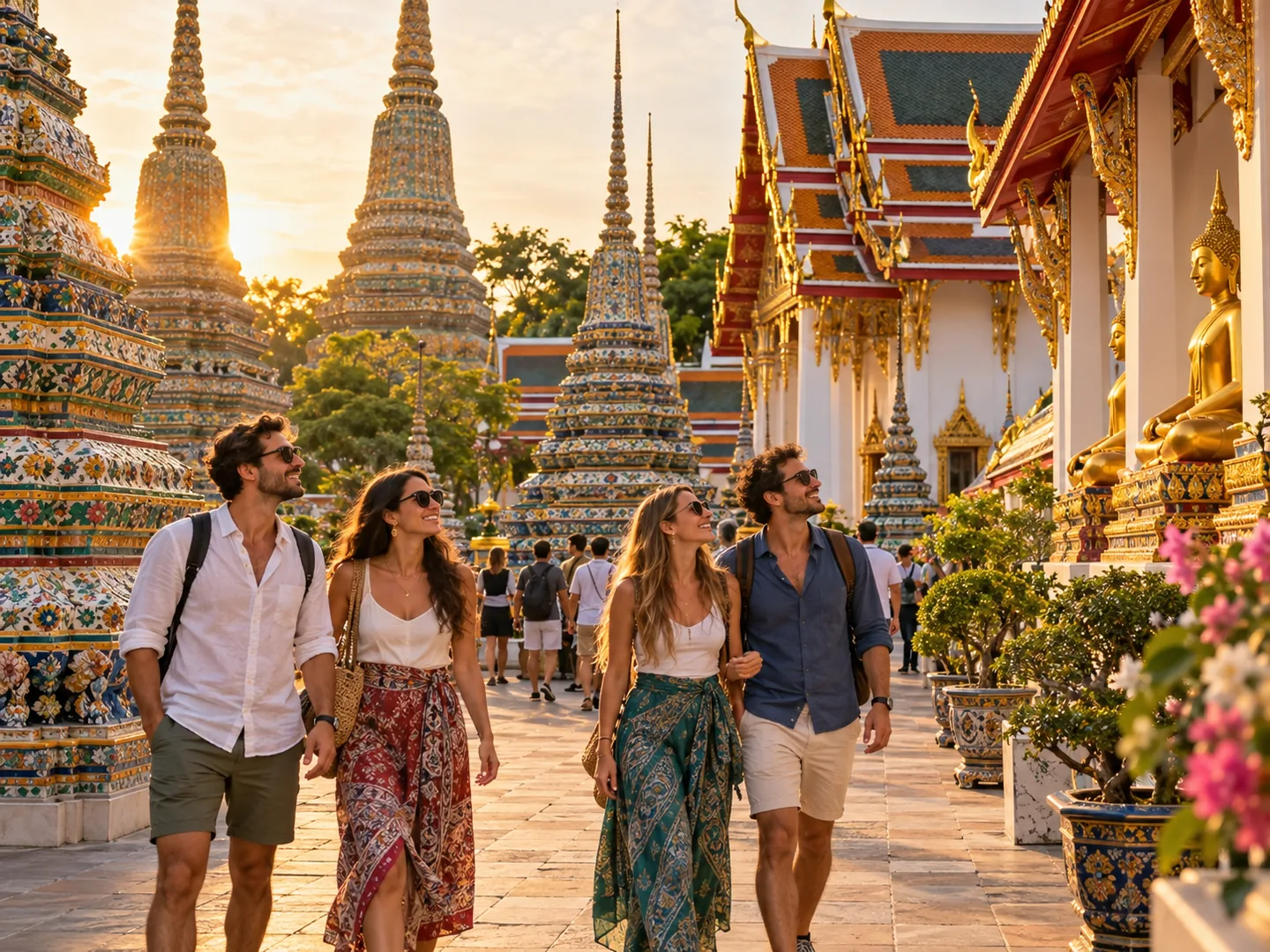 Two tourist couples exploring the ornate temple grounds of Wat Pho Bangkok