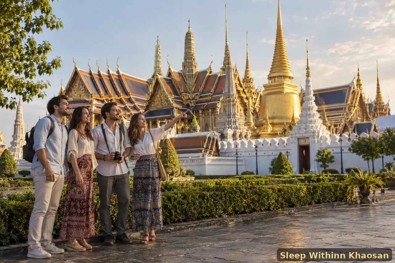 Adult tourists sightseeing at the Grand Palace in Bangkok Old Town