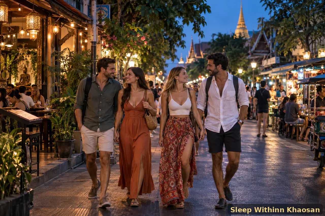 Adult travellers enjoying Rambuttri Road near Khaosan in Bangkok at blue hour