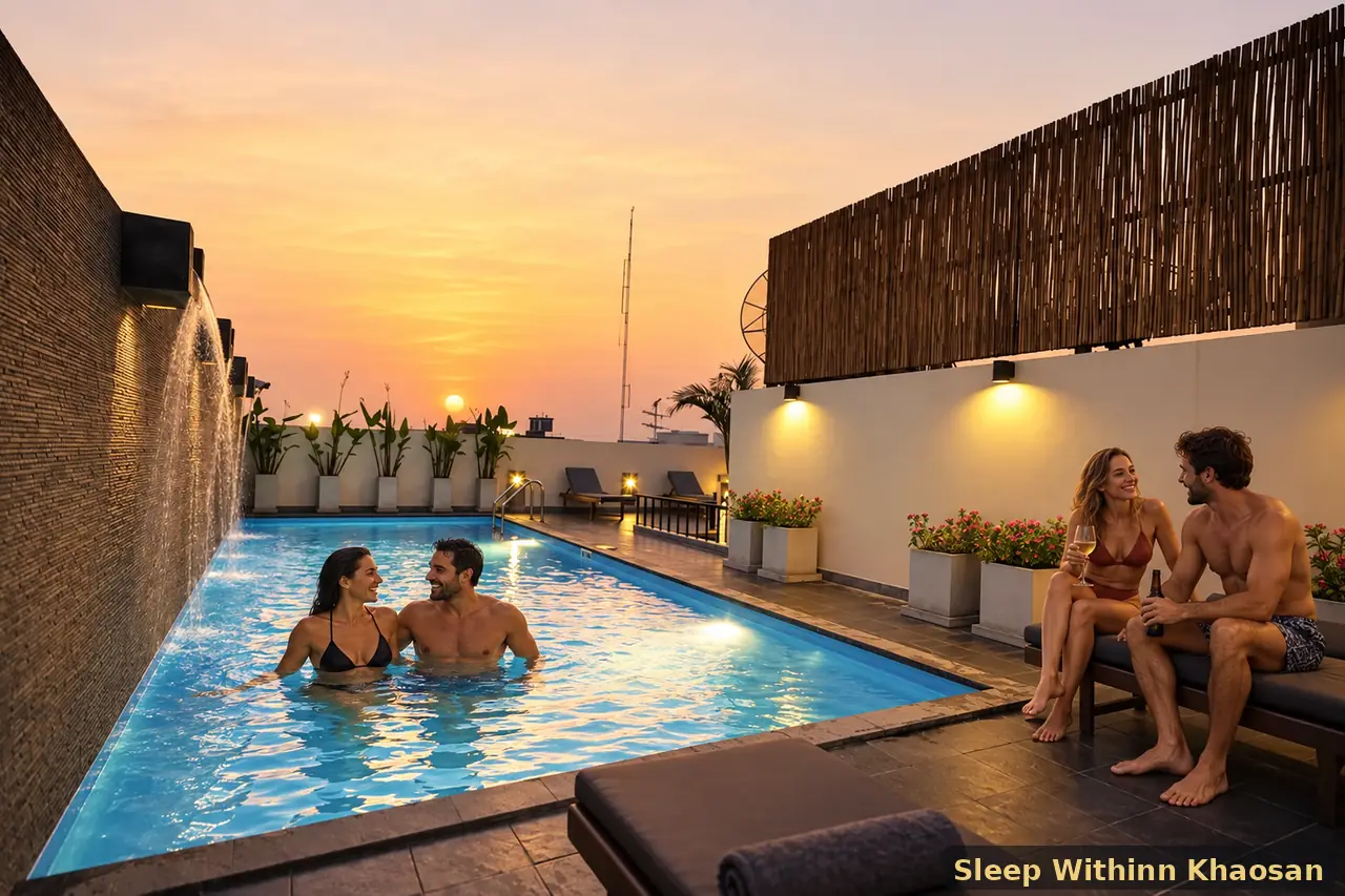 Adult couples relaxing beside the genuine Sleep Withinn rooftop pool