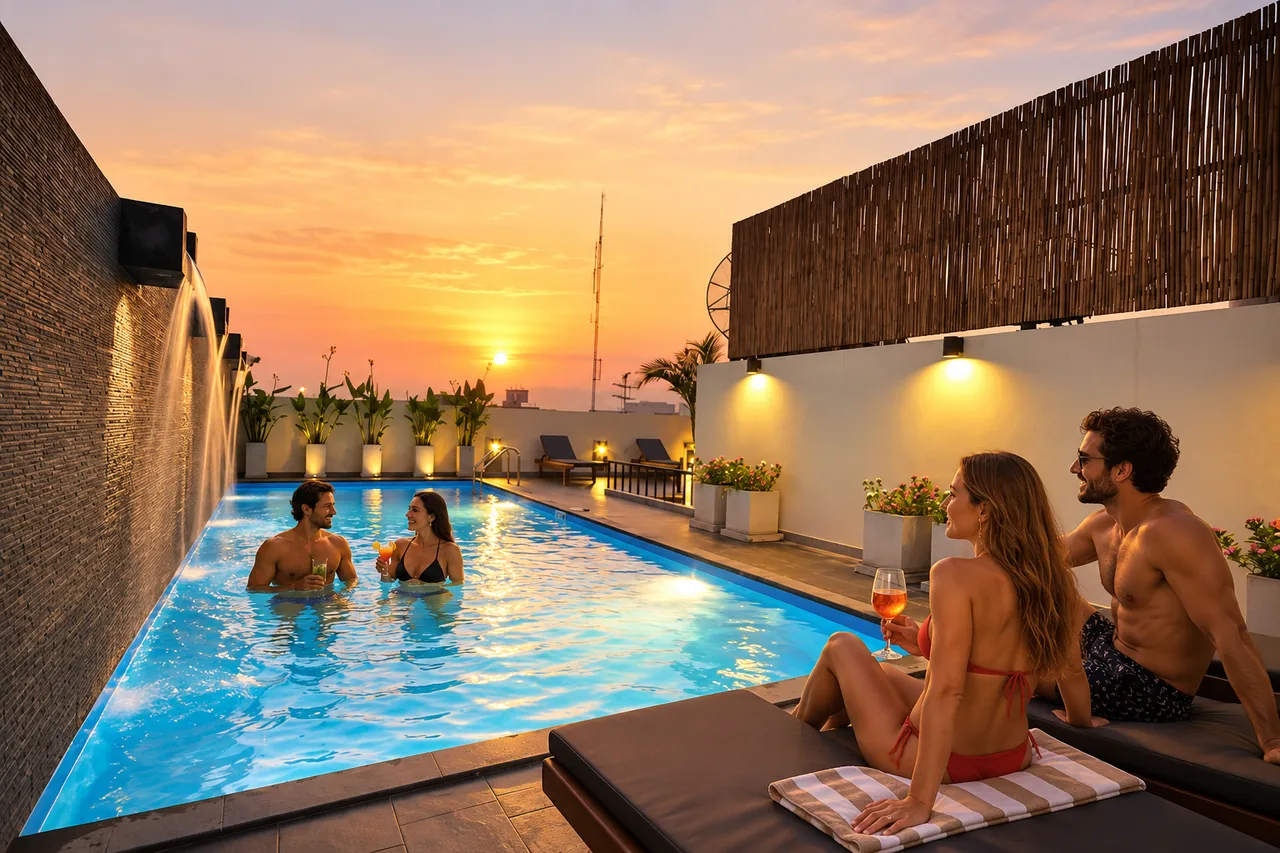 Adult travellers cooling off at the genuine Sleep Withinn rooftop swimming pool