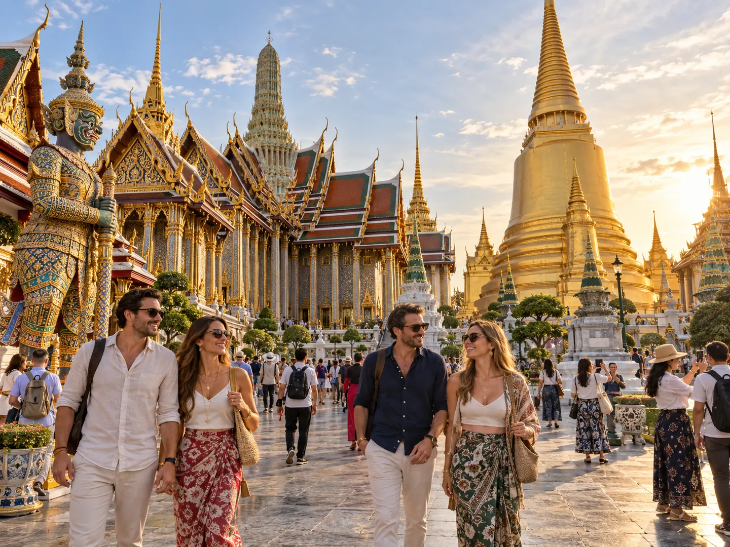 Two tourist couples visiting the Grand Palace Bangkok in the golden afternoon light