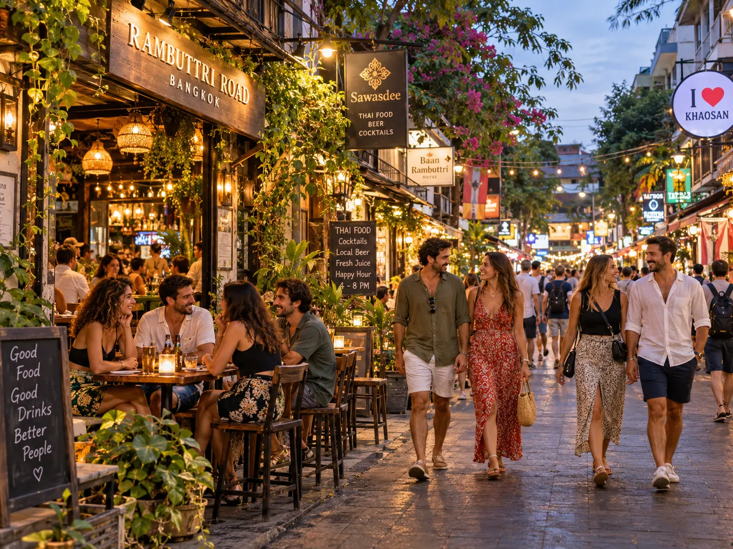 Tourist couples walking on Rambuttri Road Bangkok at dusk