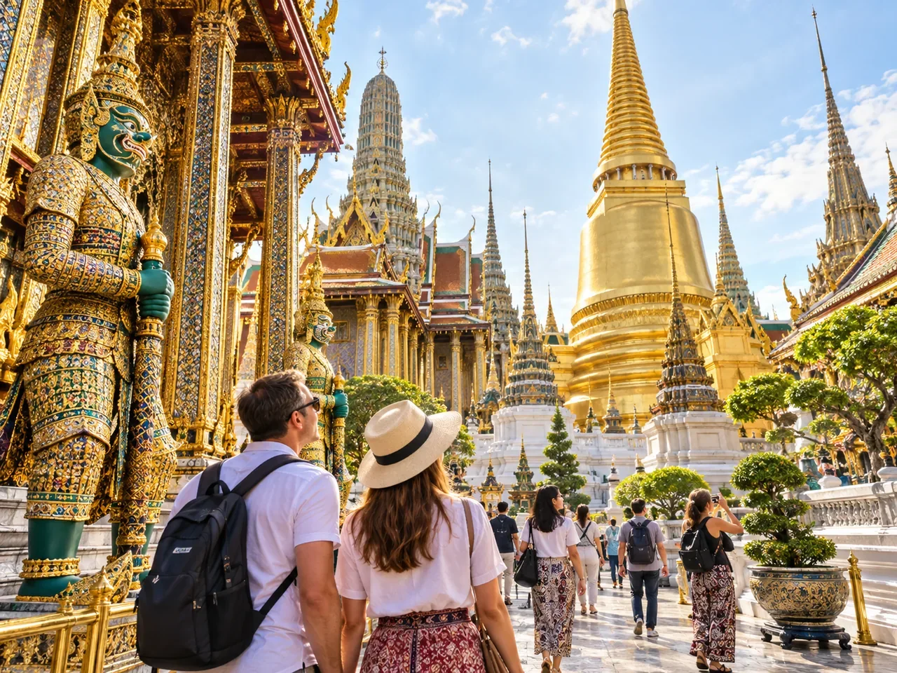 Adult travellers exploring the Grand Palace in Bangkok