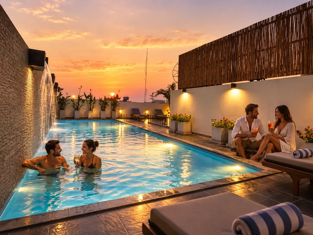 Two adult couples enjoying the genuine Sleep Withinn rooftop pool at sunset