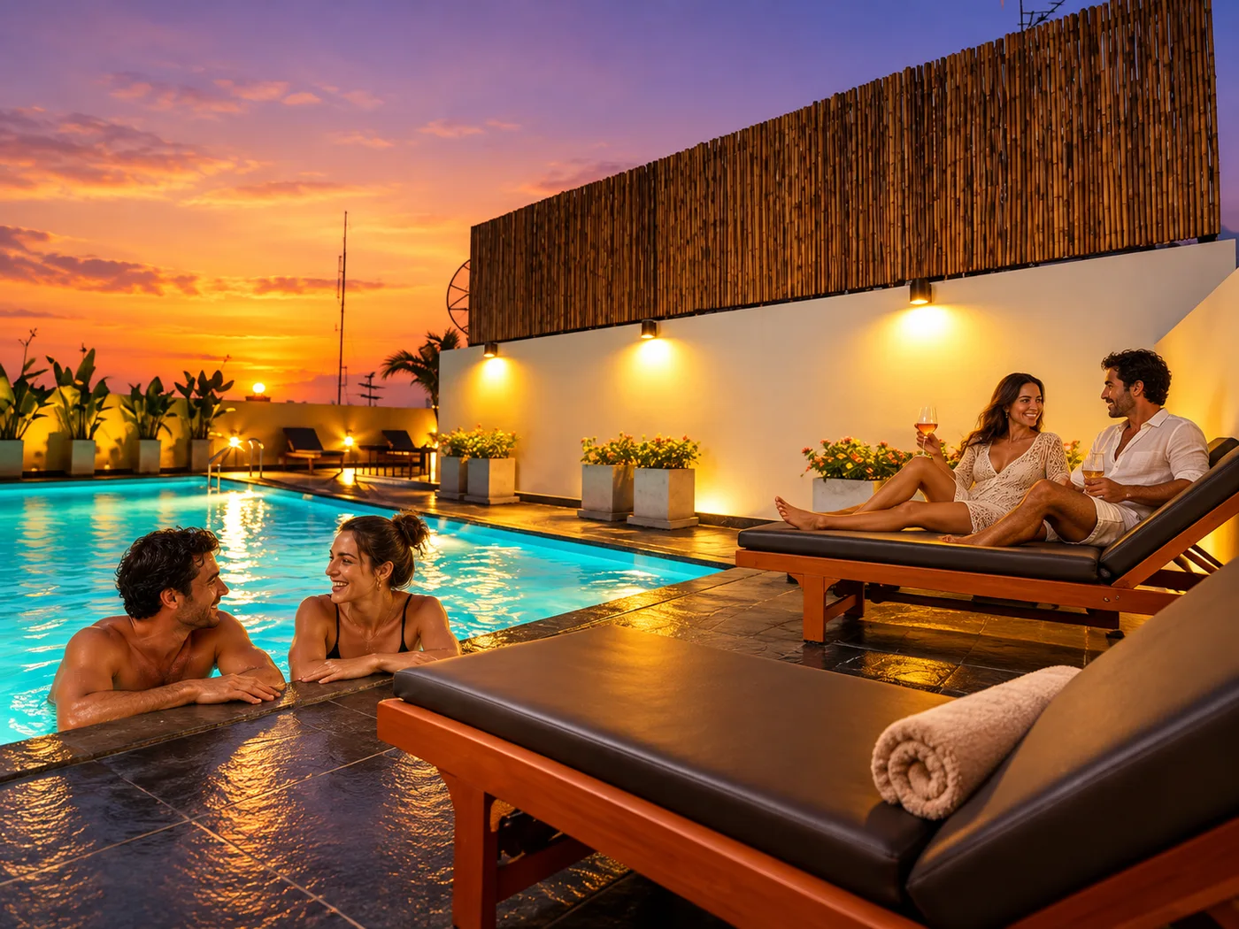 Retouched lifestyle image of two tourist couples by the Sleep Withinn rooftop pool at sunset