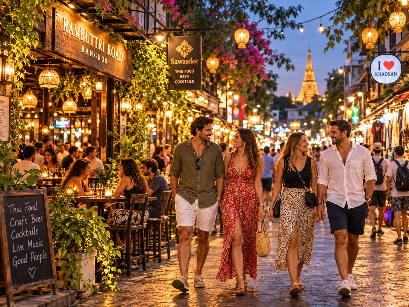 Tourists enjoying lantern-lit Rambuttri Road in Bangkok