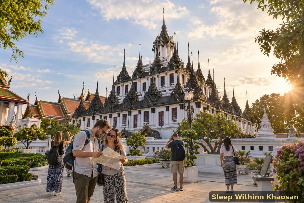 Adult tourists exploring the metal-spired Loha Prasat in Bangkok Old Town