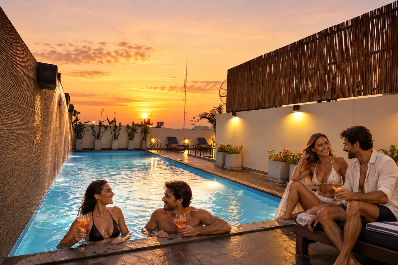Two adult couples relaxing at the genuine Sleep Withinn rooftop pool at sunset