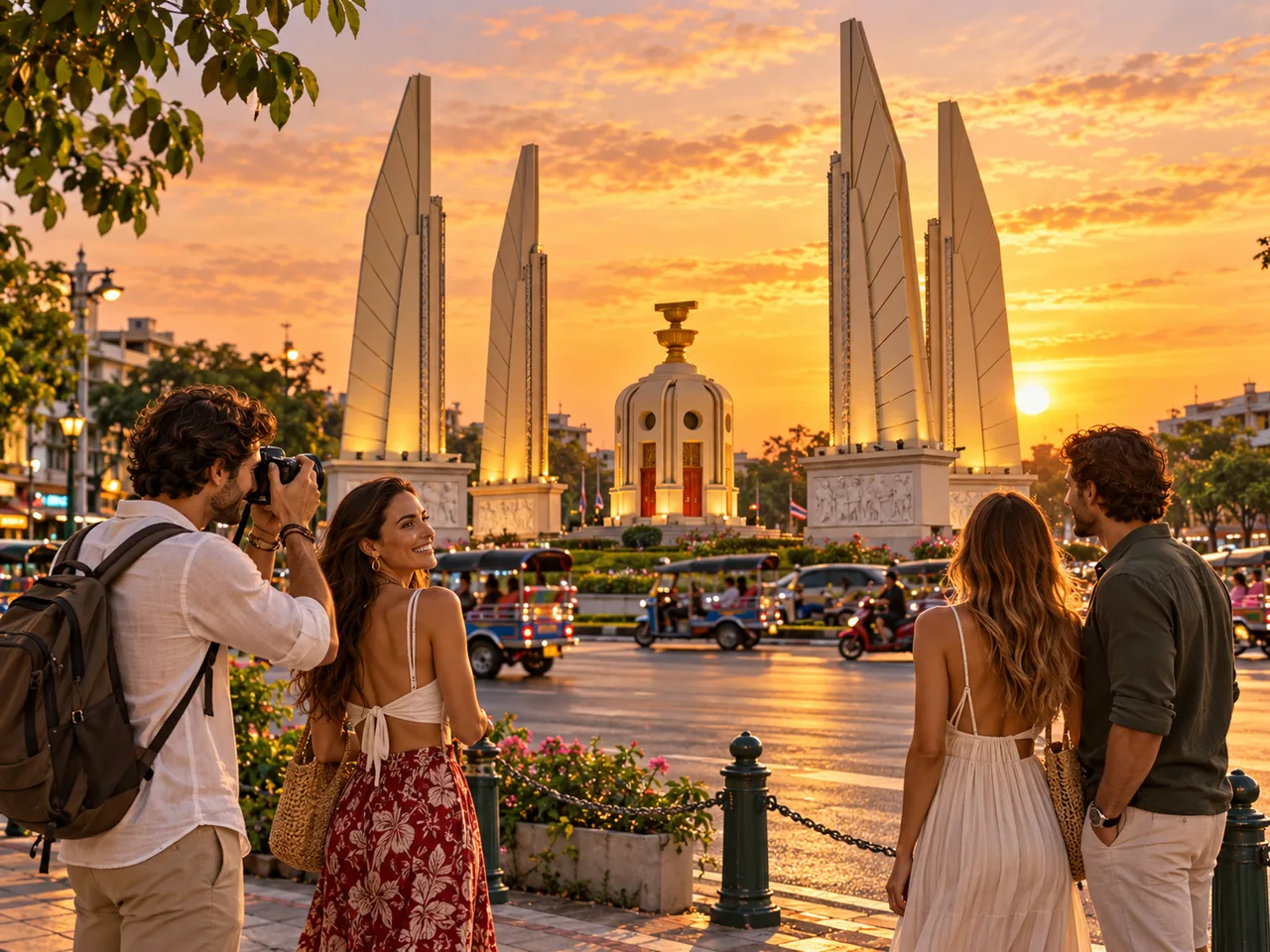 Four adult travellers at Democracy Monument in Bangkok during sunset