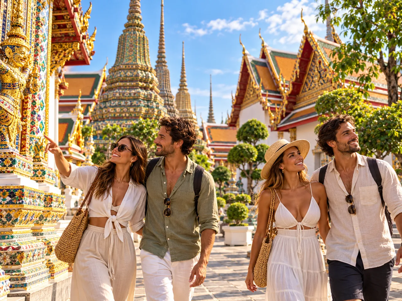 Four adult travellers exploring Wat Pho in Bangkok