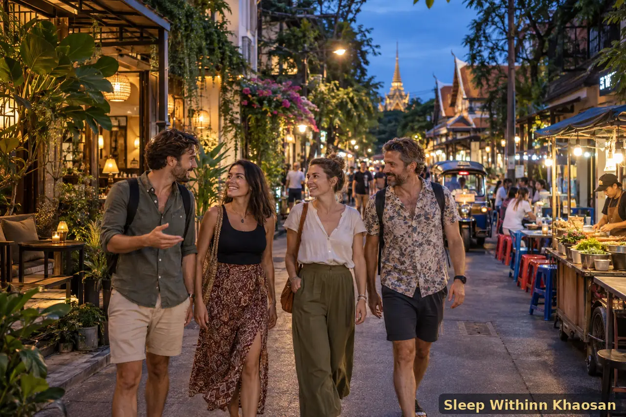 Four adult travellers exploring Rambuttri Road near Khaosan at blue hour