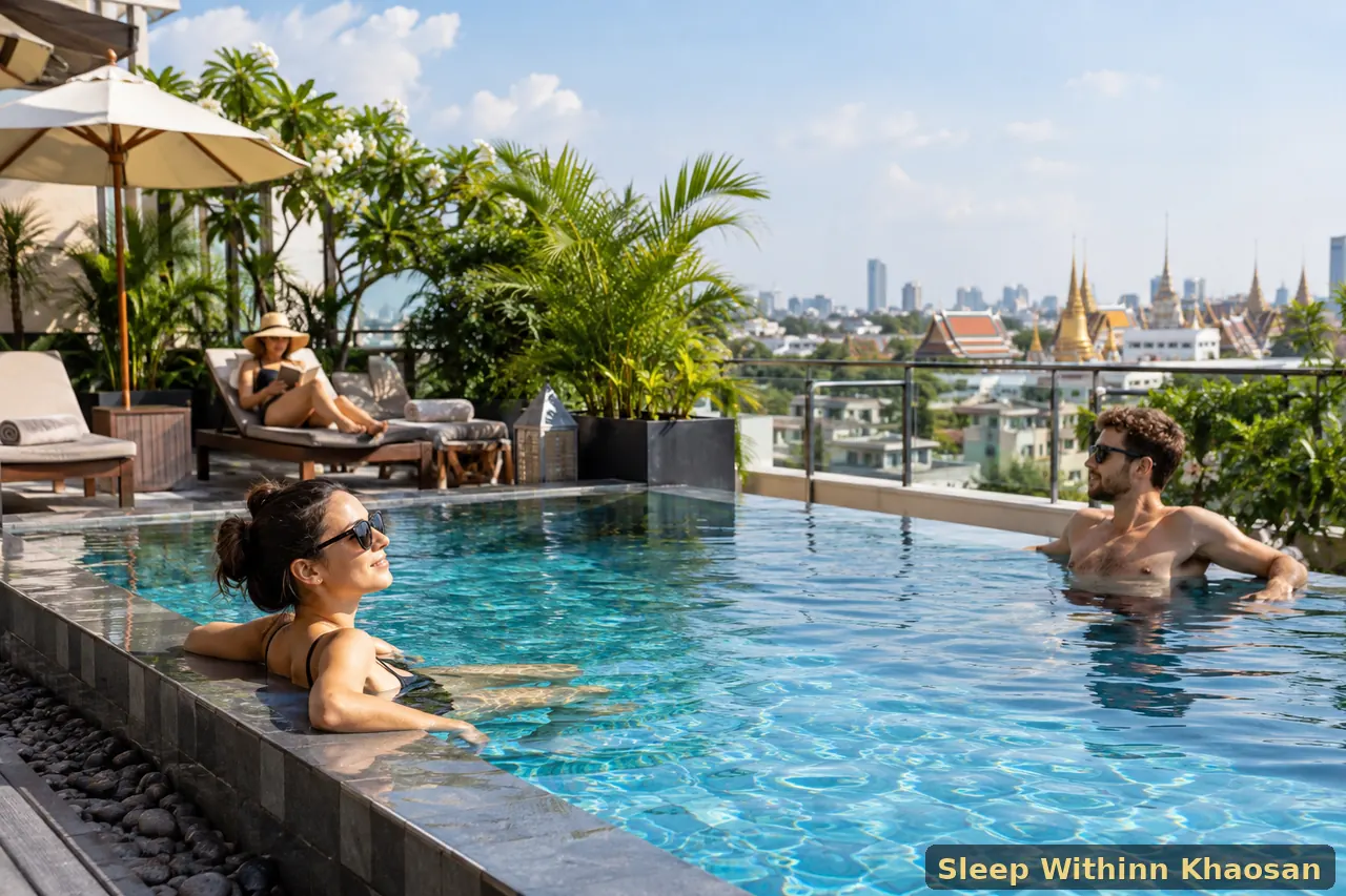 Adult hotel guests relaxing at a Bangkok rooftop swimming pool near Khaosan Road