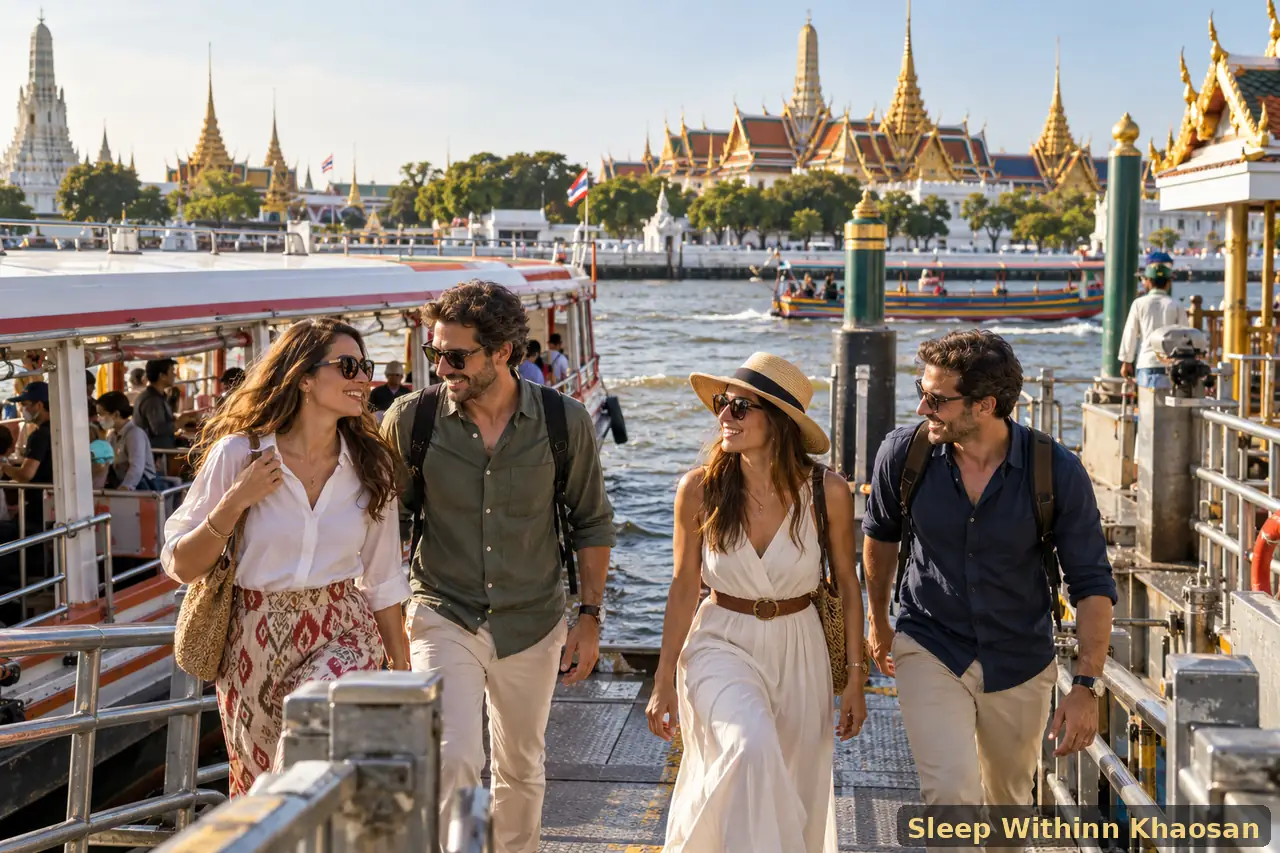 Four adult travellers arriving by river boat near the Grand Palace