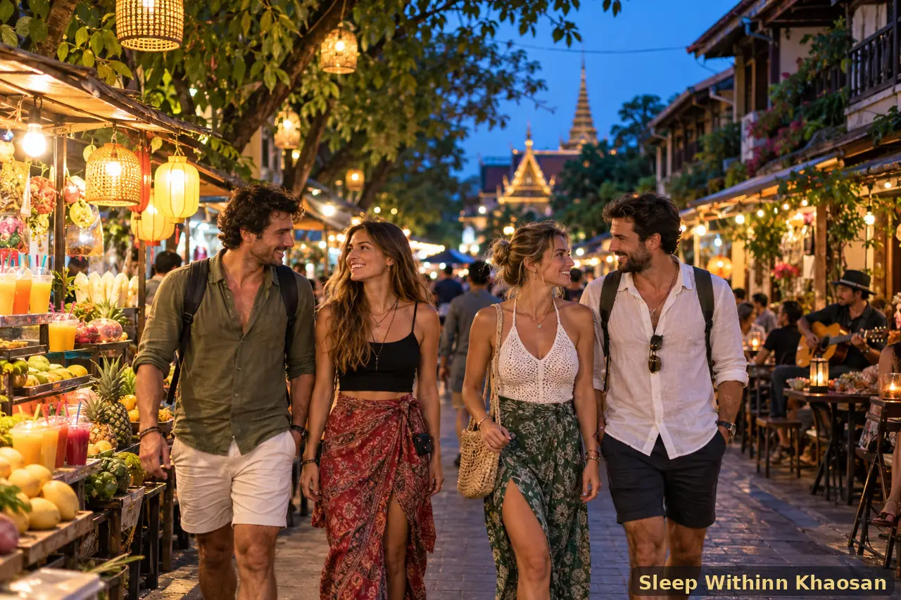 Four adult travellers exploring lantern-lit Rambuttri Road in Bangkok