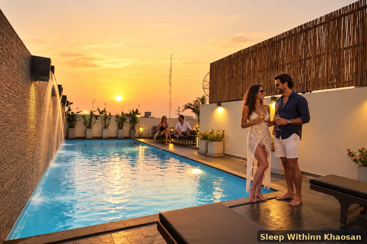 Two adult couples relaxing at the genuine Sleep Withinn rooftop pool