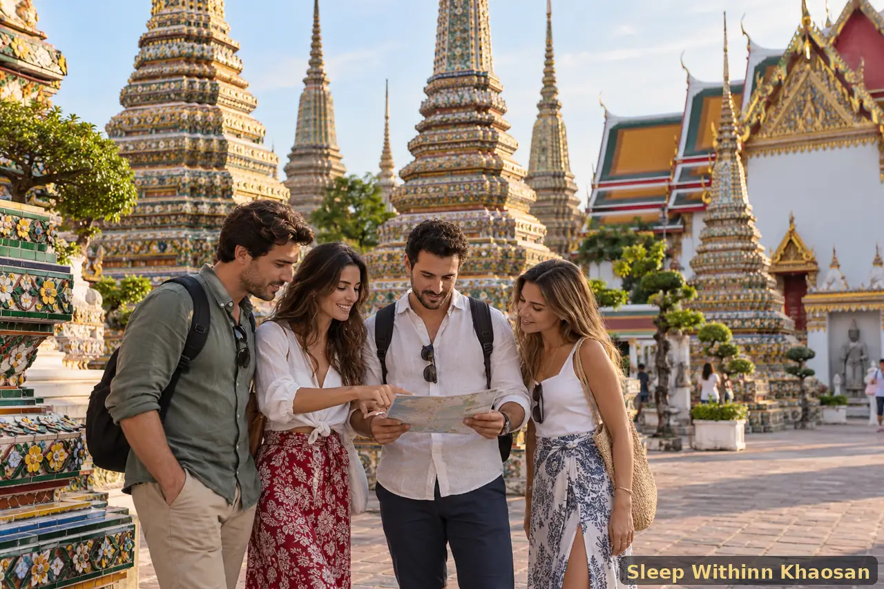 Four adult travellers sightseeing in Wat Pho’s temple courtyard