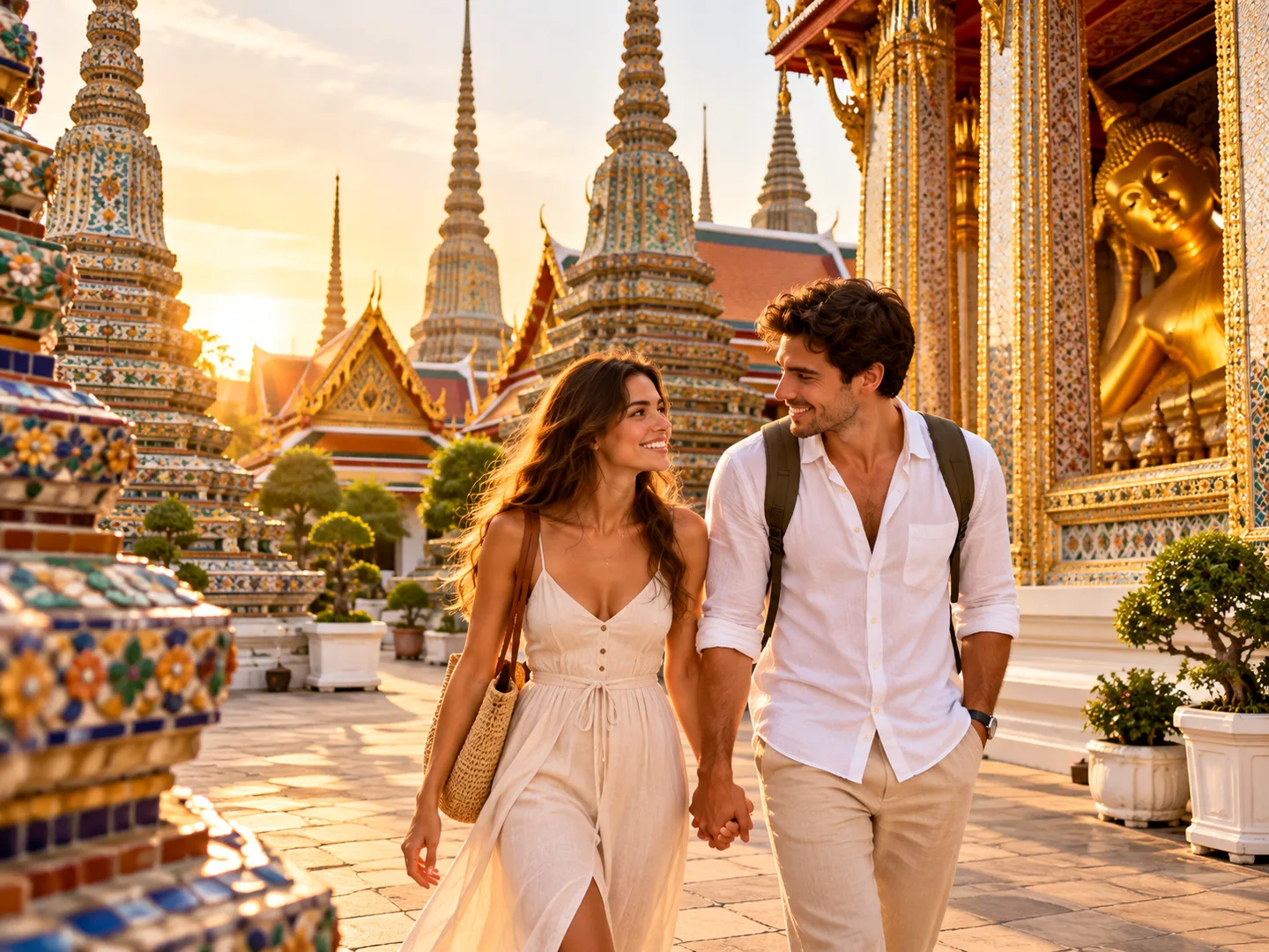 Tourist couple exploring the courtyard of Wat Pho Bangkok