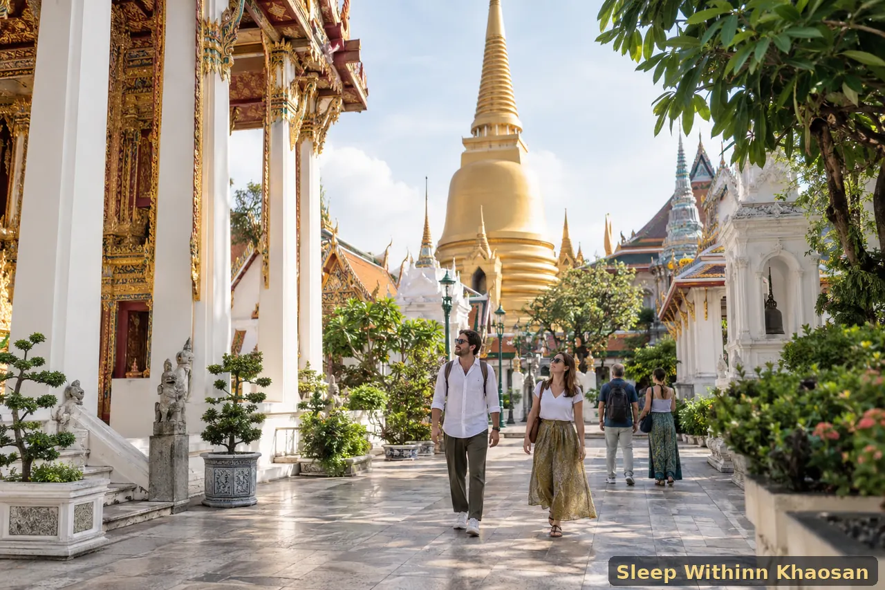 Adult tourists respectfully visiting Wat Bowonniwet Vihara in Bangkok Old Town