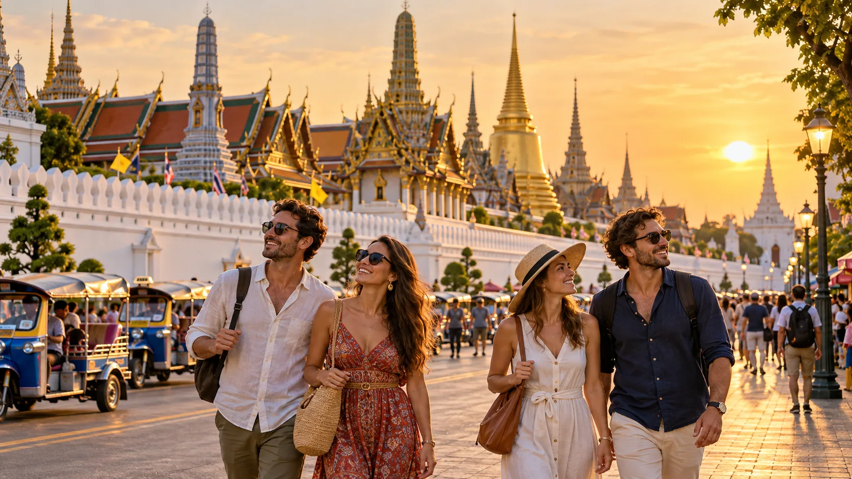 AI-created scene of travelers near the Grand Palace in Bangkok at golden hour