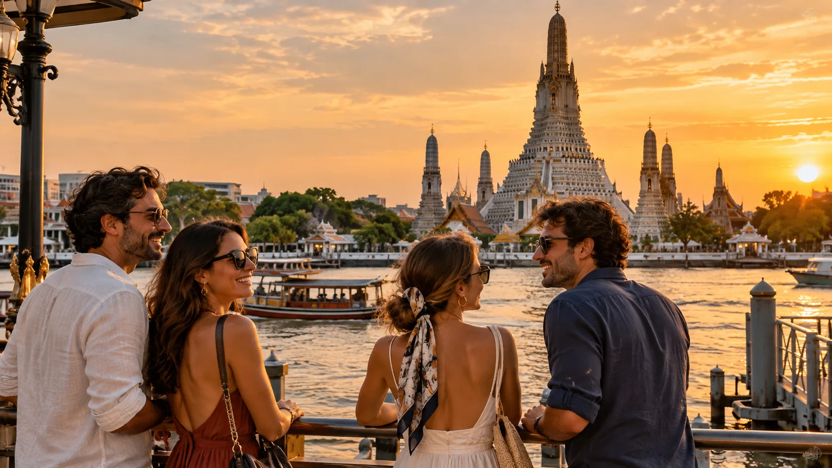 AI-created travelers beside the Chao Phraya River with Wat Arun at sunset
