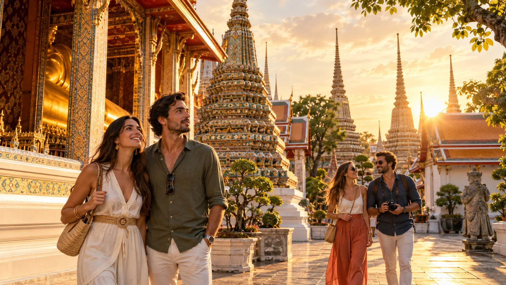 AI-created visitors admiring a Thai temple complex in Old Bangkok